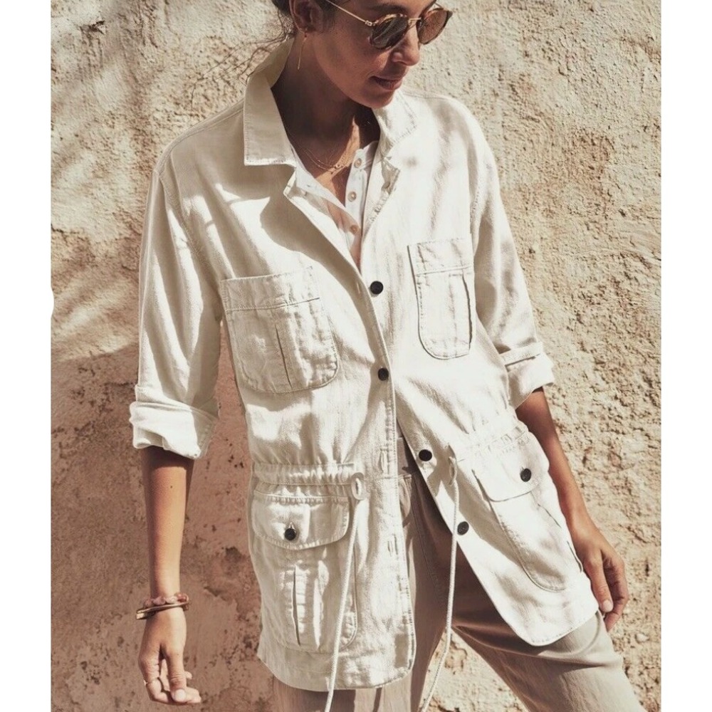 Faherty Larkspur Utility Jacket Womens S White Linen Blend Safari Cargo Coat